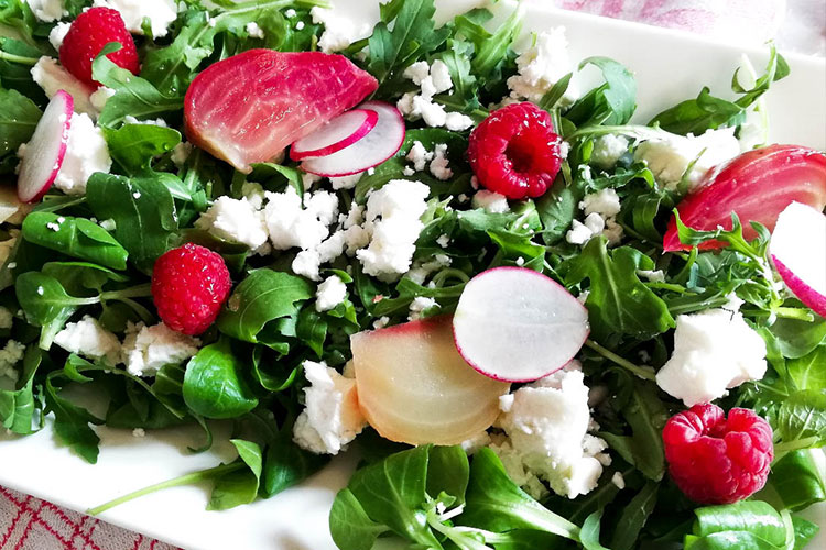 geitenkaassalade met gepofte rode biet, radijn, framboos en een frambozendressing